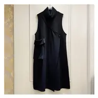AO ZHEN欧货春秋宽松中长款口袋背心裙高领黑色马甲连衣裙