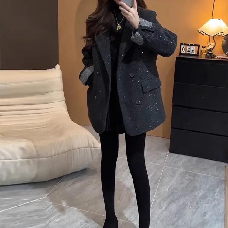 高级感气质黑色西装外套女冬季新款小个子满天星毛呢加厚西服上衣