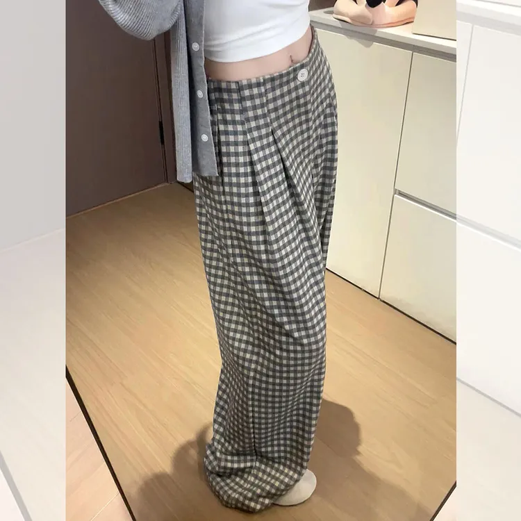 格子裤女秋季2025新款高腰直筒休闲拖地裤小个子慵懒风宽松阔腿裤