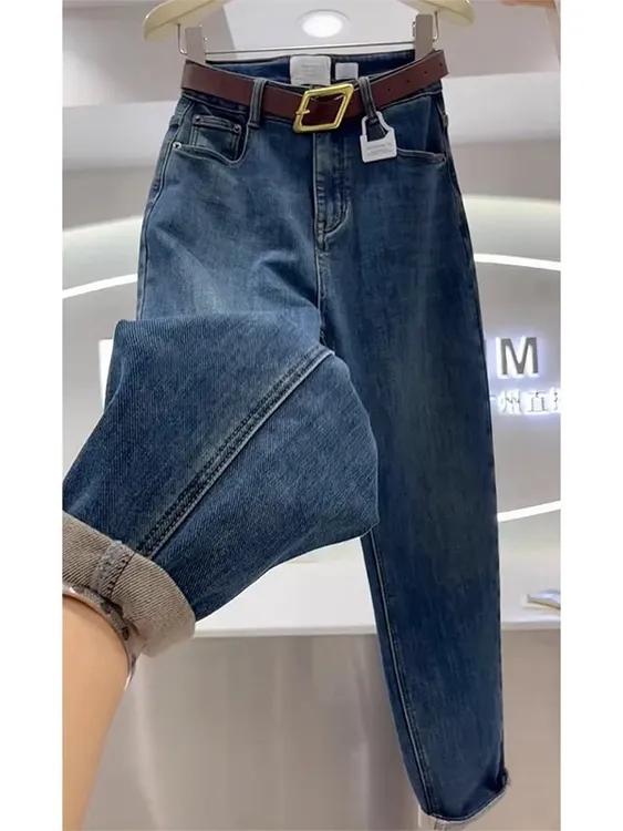 高腰哈伦牛仔裤女2025早秋新款梨形身材宽松显瘦弹力老爹萝卜裤子
