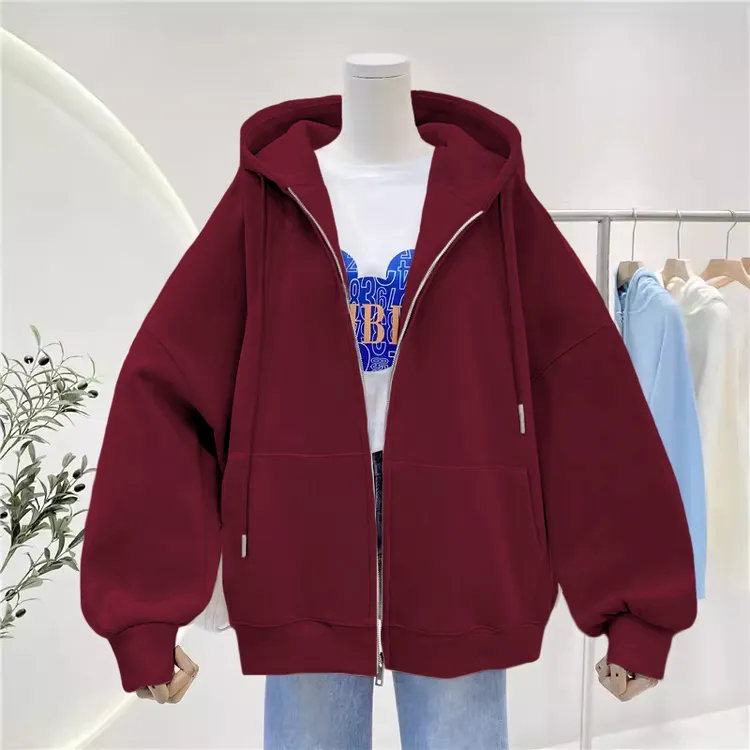 山东即墨酒红色卫衣连帽宽松加绒开衫外套女秋冬季大码拉链上衣潮