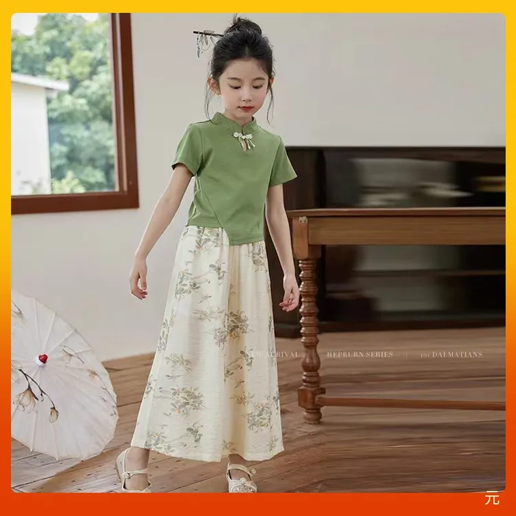 女童夏季中式国风套装2025新款洋气盘扣短袖儿童两件套夏装