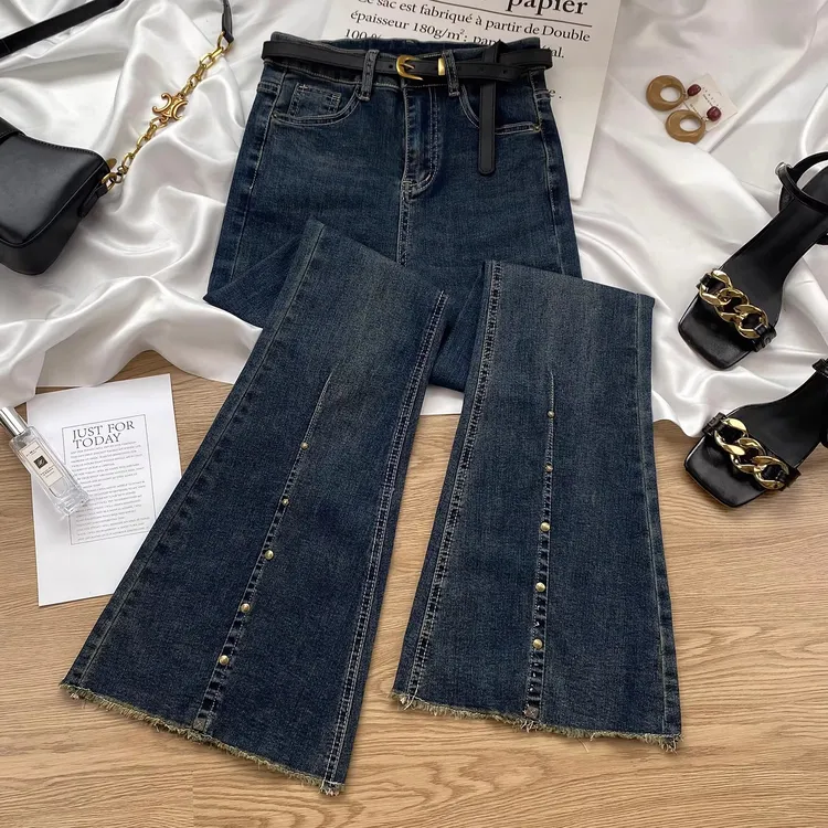 设计感毛边微喇牛仔裤女秋季2025年新款高腰修身显瘦马蹄喇叭裤子