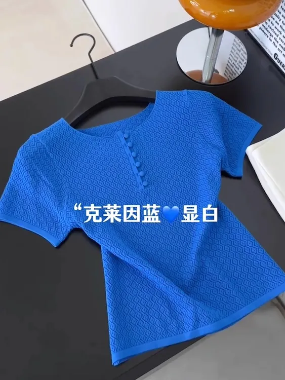 今年新款2025夏季大码短袖T恤女克莱因蓝色圆领设计韩版修身显瘦