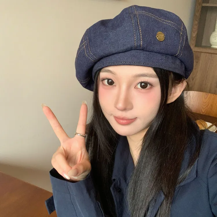 时尚牛仔压线贝雷帽女秋季百搭休闲空姐帽气质街头画家帽南瓜帽潮