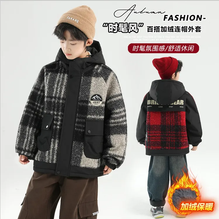 男童冬季加绒加厚毛毛衣中大童帅气冬装儿童棉衣长款儿童新款外套