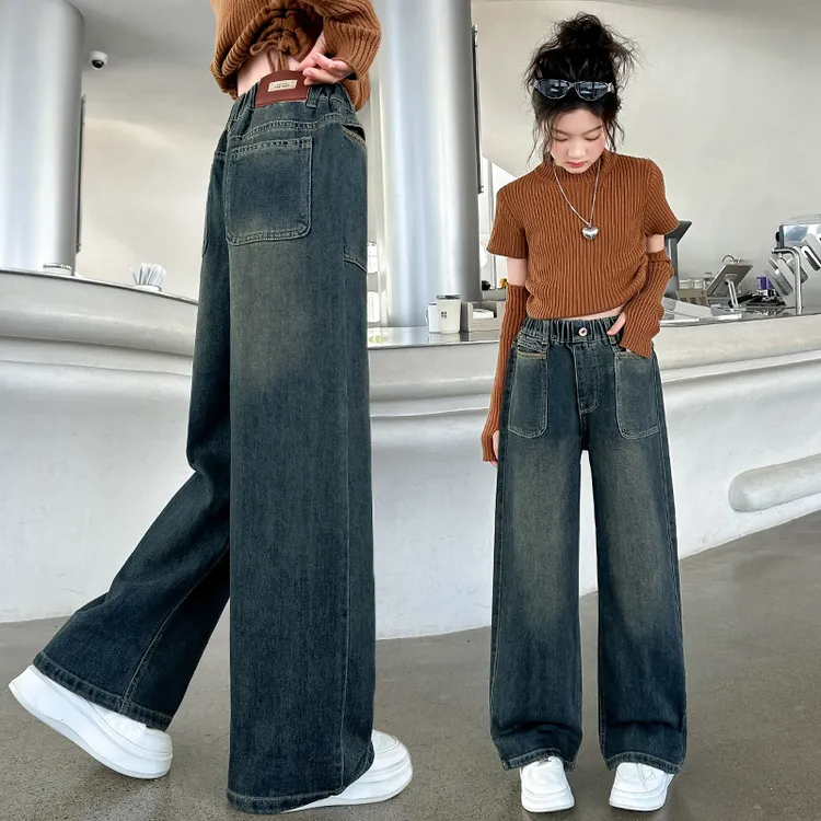 女童2025新款春装牛仔裤洋气直筒宽松儿童中大童阔腿裤春款长裤子