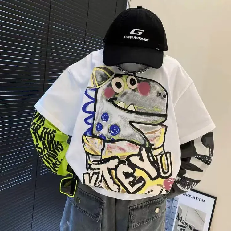 男童春季潮牌卡通恐龙假两件上衣春秋新款儿童拼色酷帅长袖打底衫