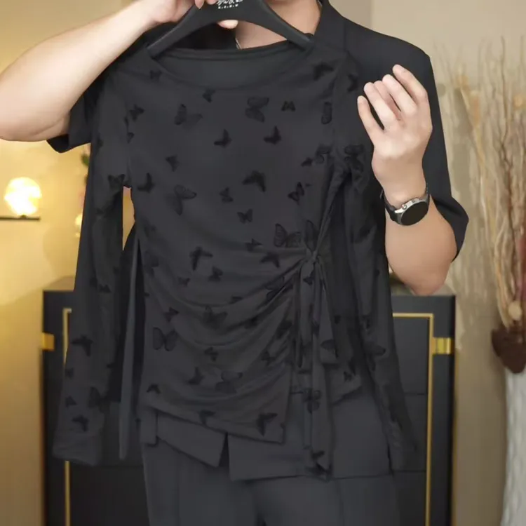 【黑蝶梦境】2025秋冬新款绑带植绒蝴蝶黑色长袖T恤女修身通勤上衣