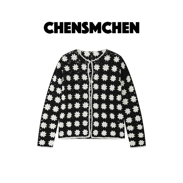 CHENSMCHEN 时尚镂空圆领针织衫女气质优雅显瘦开衫上衣CSZ8768LC