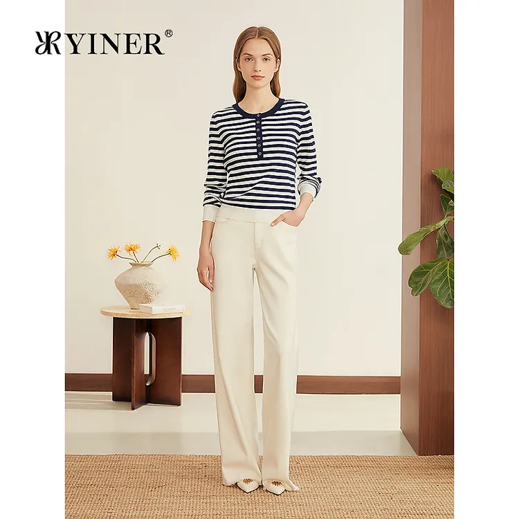 YINER音儿专选2025秋季新款醋酸尼龙都市优雅圆领假半开衫上衣