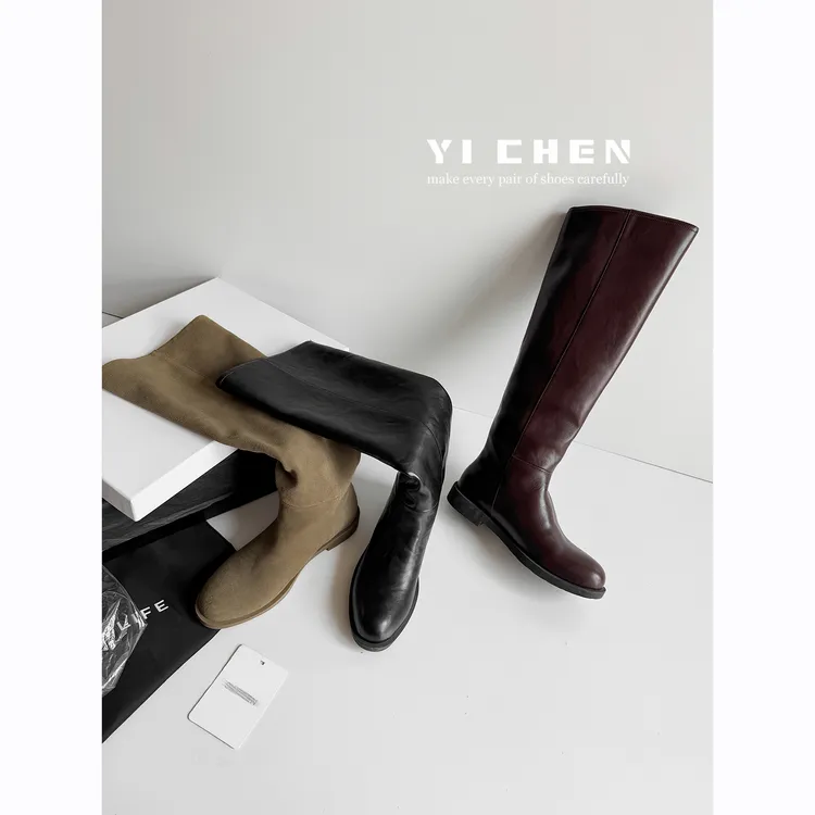 复古英伦风圆头粗跟及膝长靴女显瘦百搭高筒骑士靴大筒围长筒靴子