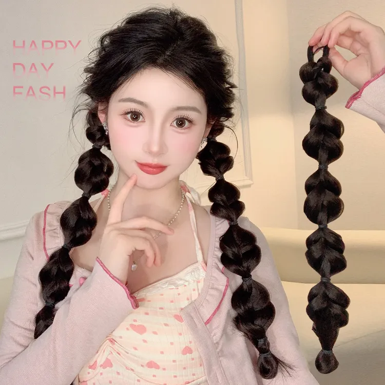 假发辫子女发圈低扎网红泡泡麻花辫双马尾仿真发长辫子发饰拳击辫