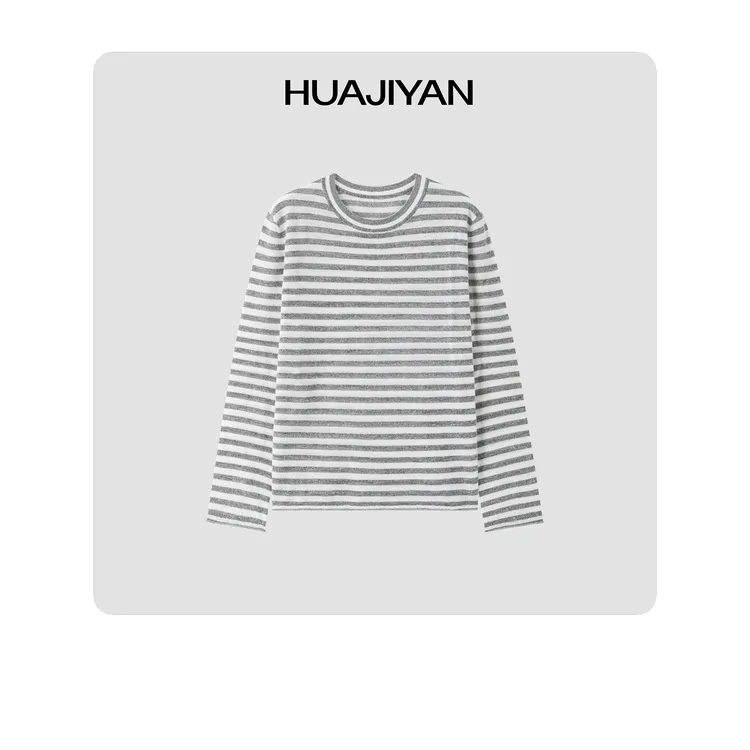 华吉言/HUAJIYAN【百利甜】羊驼毛绵羊毛混纺条纹针织圆领长袖上衣