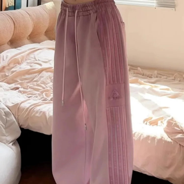 美式高街粉色条纹运动裤女秋季宽松直筒工装阔腿休闲裤垂感卫裤子