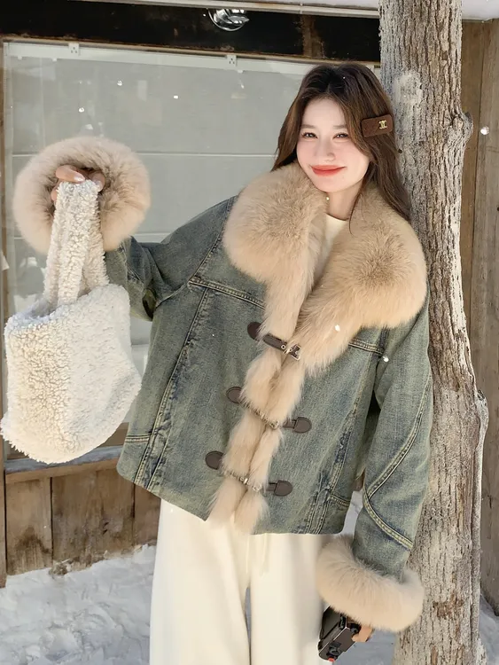 环保毛90绒羽绒派克服短款长袖拼接时尚宽松型女加厚保暖复古港风