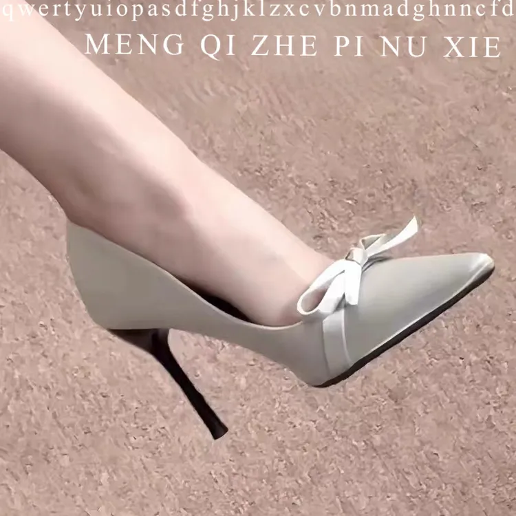 2025新款法式银色高跟鞋女气质细跟蝴蝶结女网红名媛同款尖头单鞋