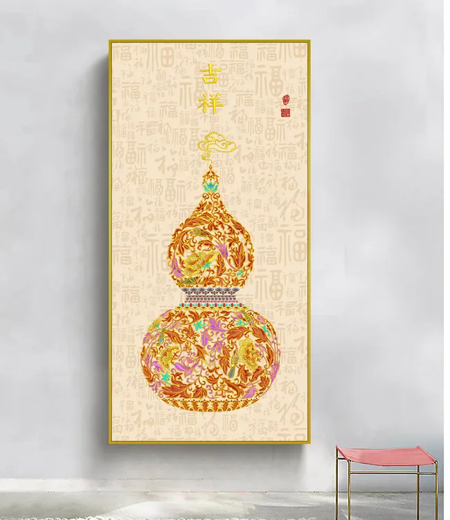 新中式福禄葫芦刺绣装饰画入户玄关大幅刺绣玄关挂画走廊尽头挂画