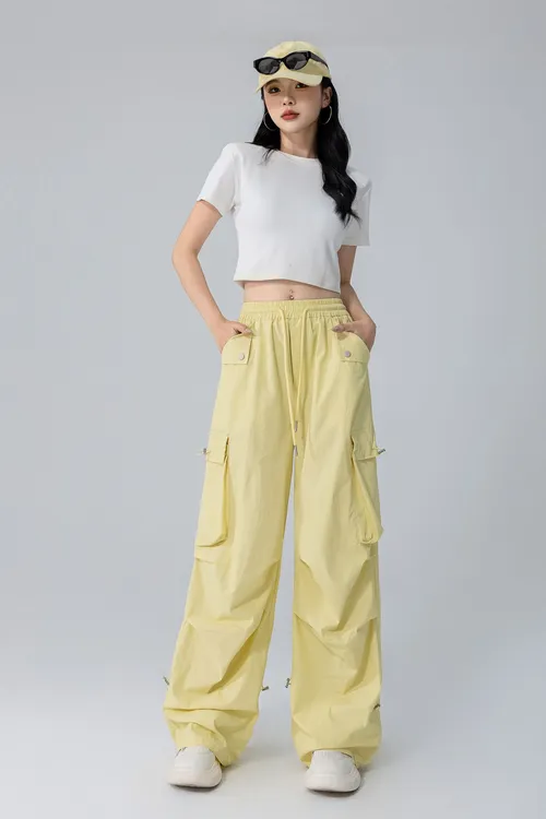 高弹力透气工装裤阔腿裤休闲裤女装运动夏季休闲宽松卫裤复古