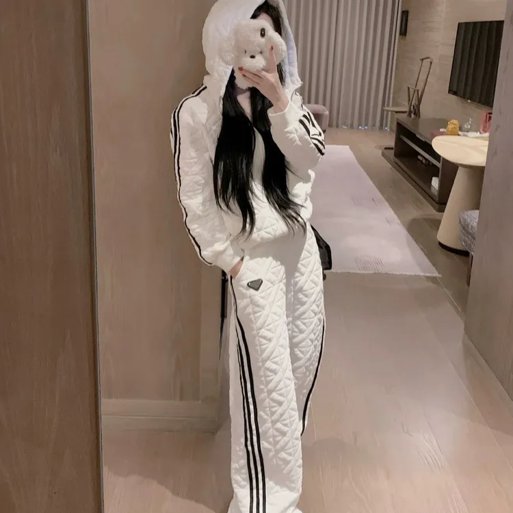 欧货炸街休闲运动套装女秋冬慵懒风条纹连帽卫衣工装阔腿裤两件套