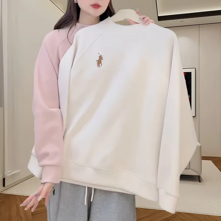 双面德绒长袖t恤女秋冬新款刺绣立领套头上衣时尚宽松遮肚打底衫