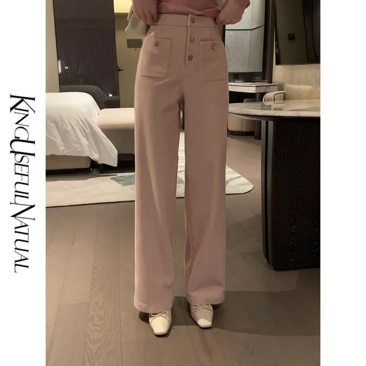 KUN【粉胶】配色高级 细竖纹灯芯绒特调粉红金属纽扣百搭直筒裤子