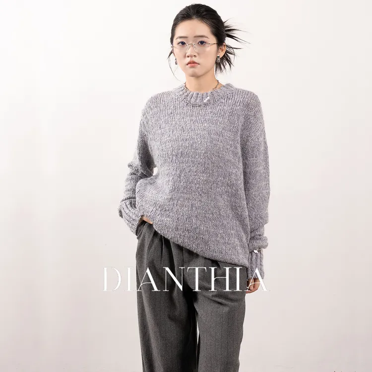 DianThia美利奴羊毛极简风圆领针织衫女宽松慵懒毛衣秋冬百搭上衣