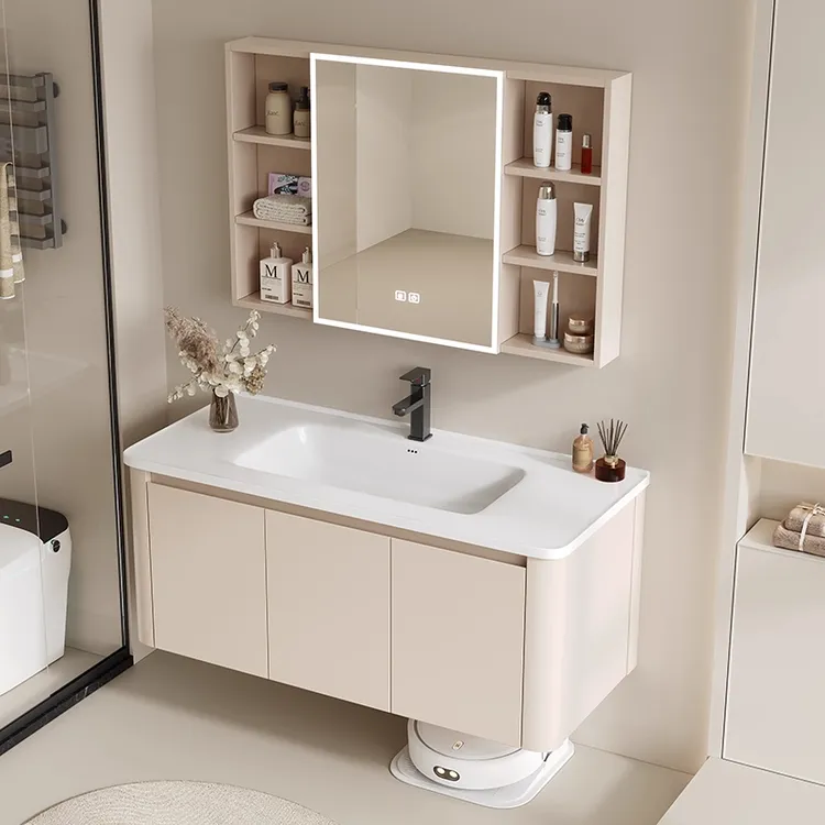 奶油风圆弧角蜂窝铝合金浴室柜组合陶瓷一体盆洗漱台洗脸盆柜防水