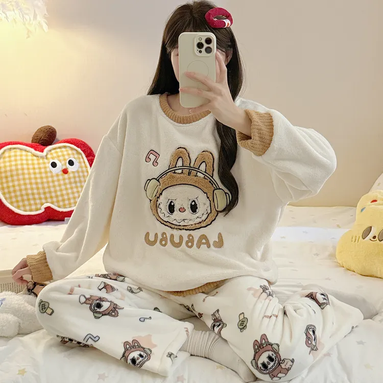 睡衣女款2025新款加厚加绒秋冬季法兰绒甜美可爱可外穿家居服套装