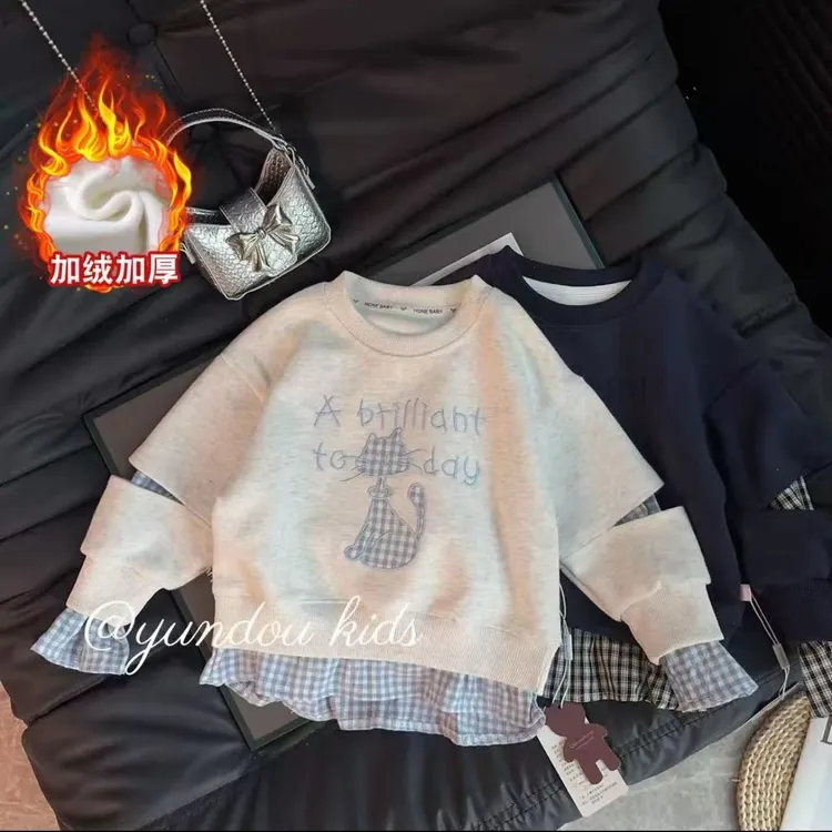 【小猫刺绣棉卫衣】新款刺绣卫衣女童秋季上衣冬季加绒加厚保暖卫衣