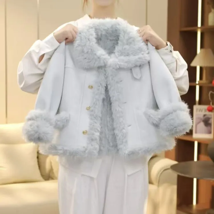 女童加绒外套冬装2025新款儿童皮毛一体上衣女孩冬季加厚毛毛衣