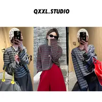 邱小小丽呀 秋冬新款韩版条纹撞色卫衣T百搭休闲螺纹领口长袖上衣