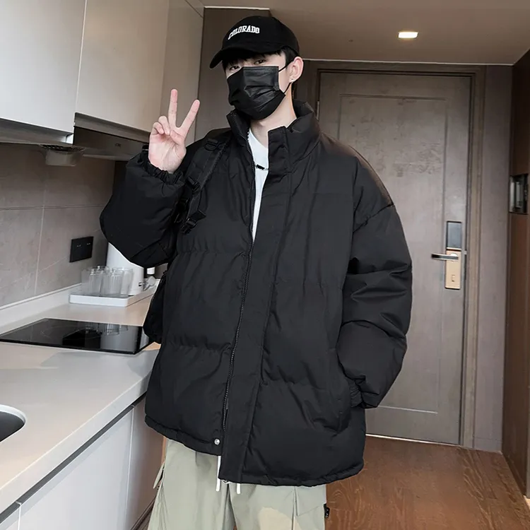 面包纯色冬季男士外套棉服学生休闲加绒加厚立领百搭情侣宽松保暖