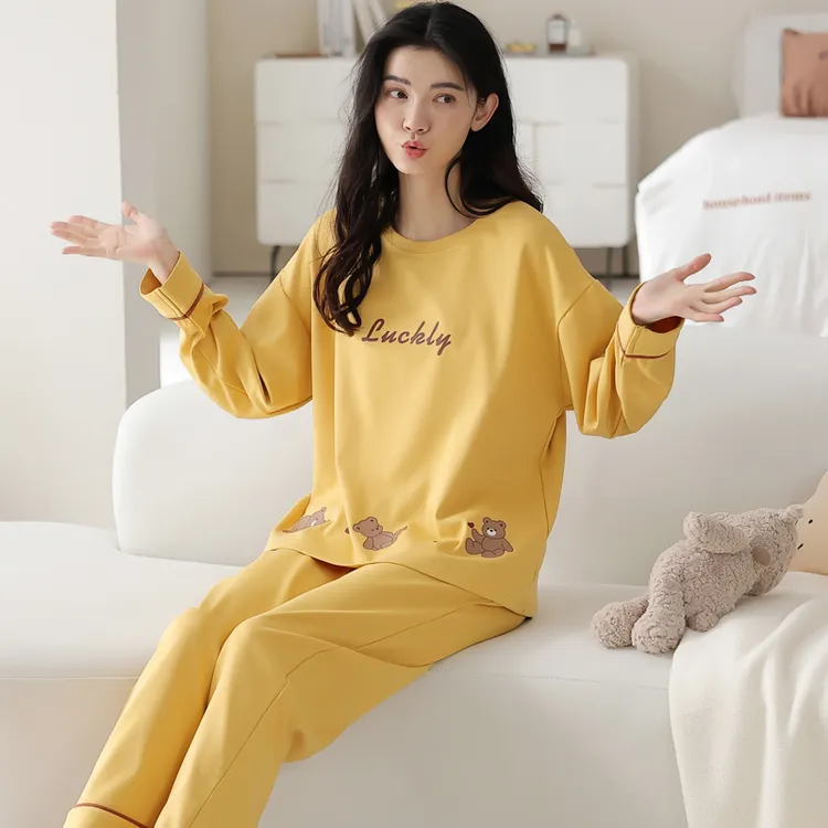 长款小熊秋季长袖睡衣家居服套装大码韩版薄款ol春秋季全棉纯棉
