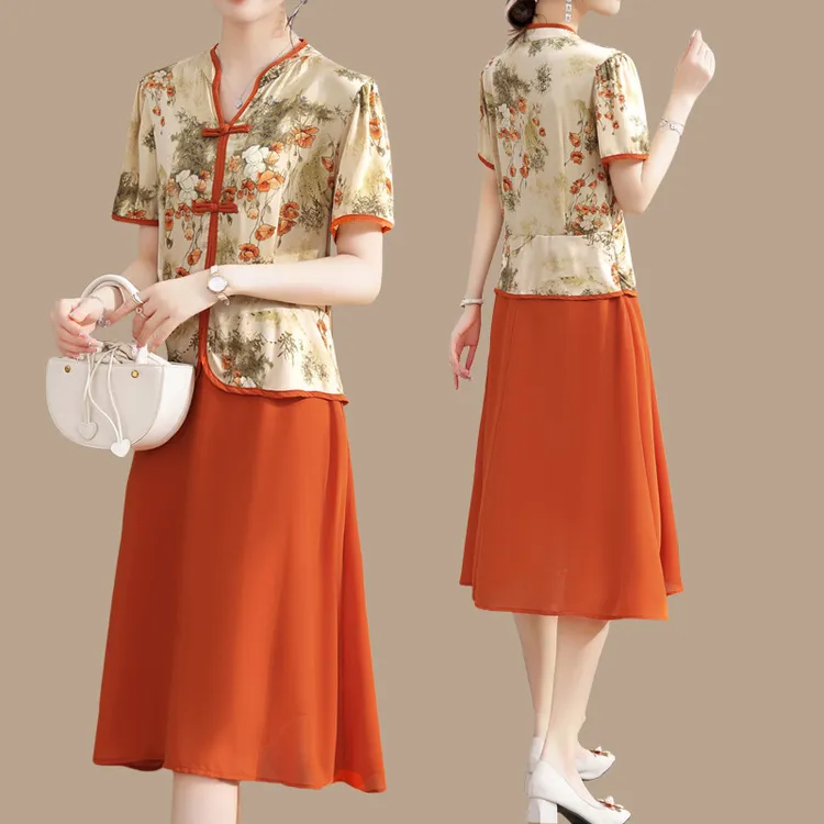妈妈夏装连衣裙假两件雪纺裙洋气时尚中老年女士夏季短袖裙子气质