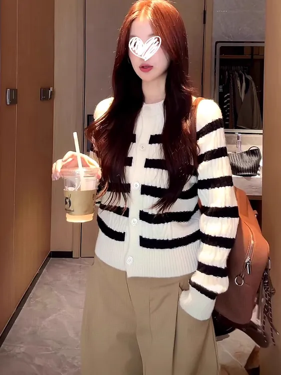 秋冬韩系条纹穿搭针织毛衣开衫女慵懒时尚百搭短外套上衣2025新款