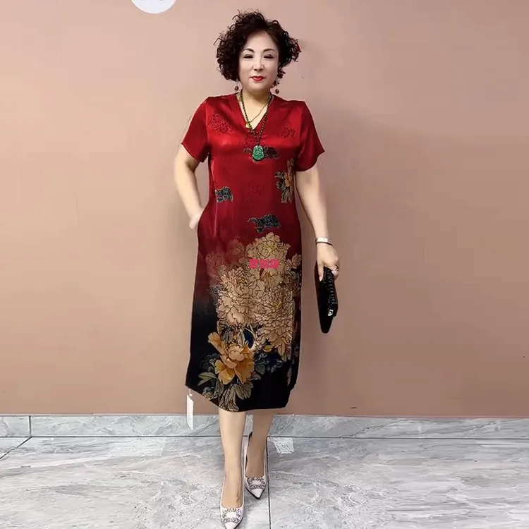 2353妈妈装重磅V领连衣裙气质中老年妈妈定位花夏季短袖旗袍长裙