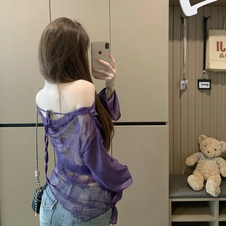 纯欲性感辣妹性感镂空长袖蕾丝防晒罩衫女夏宽松复古露背斜肩上衣