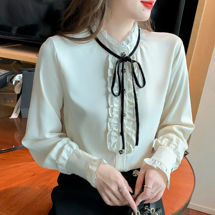 法式时尚蝴蝶结雪纺衬衫女2025年秋季新款气质打底衫长袖别致上衣