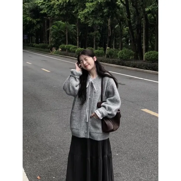 parkyeon学院秋季慵懒软糯毛衣外套木耳边条纹衬衫百褶半身裙套装
