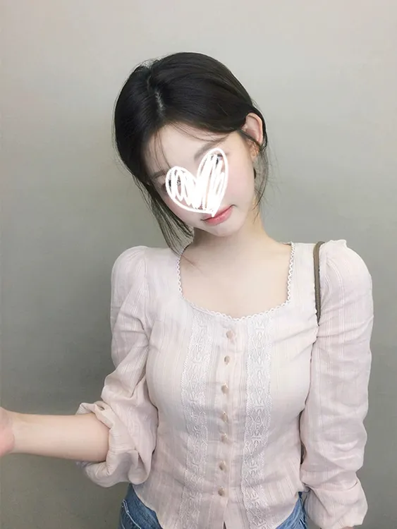 【夏夏专属】韩系小香风上衣气质收腰显瘦蕾丝拼接粉色方领长袖衬衫女