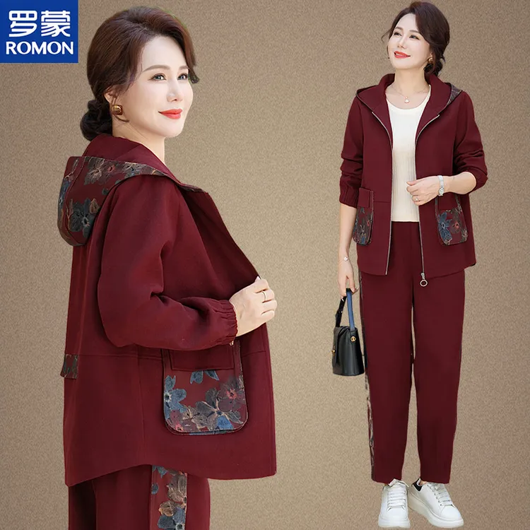 罗蒙品牌50-60岁洋气女装中老年人春秋运动套装新款国风妈妈秋装