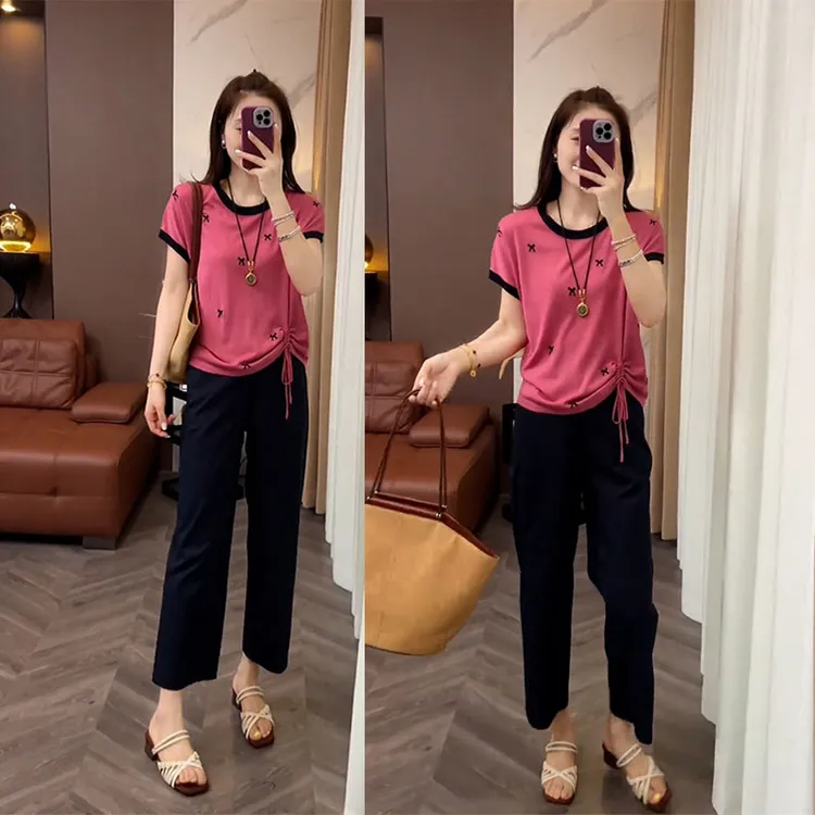 时尚显瘦夏装百搭拼色蝴蝶结收腰显瘦短袖休闲九分裤两件套女