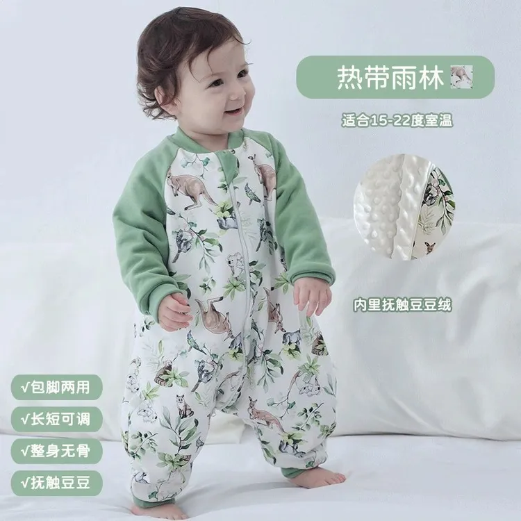 婴儿宝宝睡袋秋冬款防踢被子神器通用小月龄双层连体睡衣分腿保暖