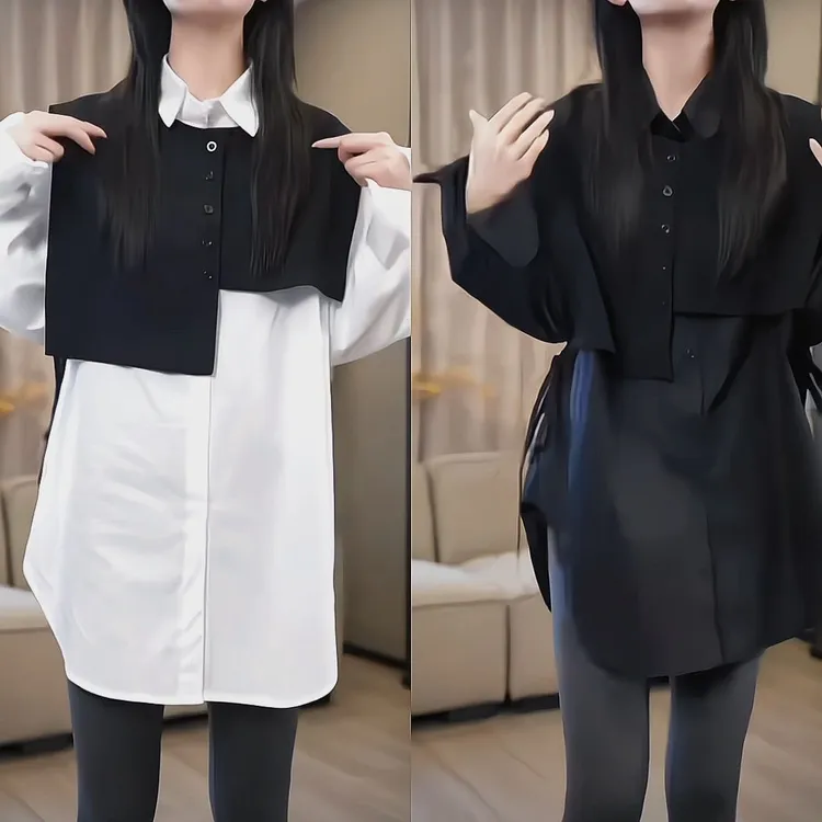 韩系chic 黑白叠穿衬衫套装 简约通勤 百搭显瘦早秋新款网红长袖