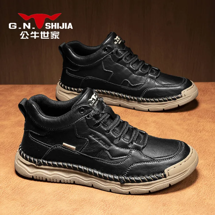 公牛世家冬季男士高帮休闲皮鞋加绒户外男鞋时尚手工软底软面鞋子