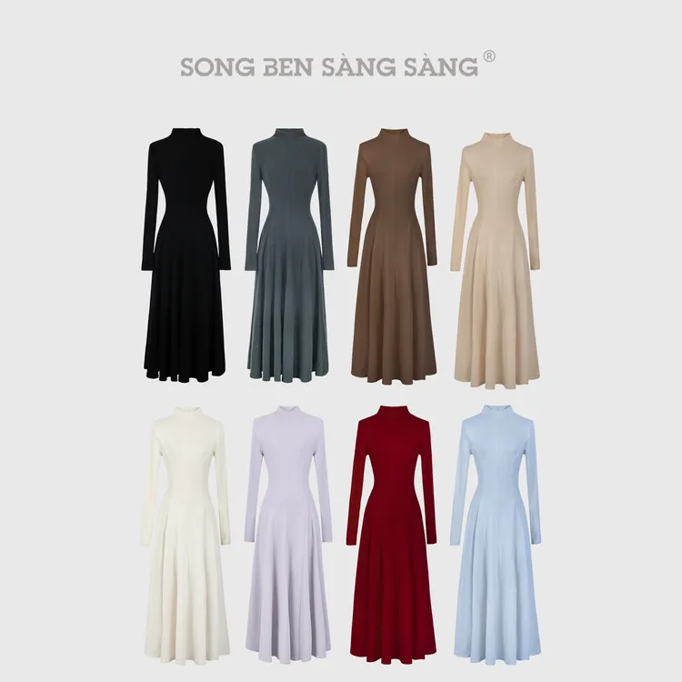 松本丧丧黑色半高领毛感收腰显瘦A字长袖收腰长裙连衣裙B254Q1859