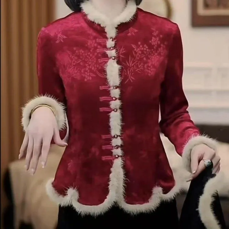 2025款拼接气质国风复古加绒上衣新中式打底开衫棉袄外套