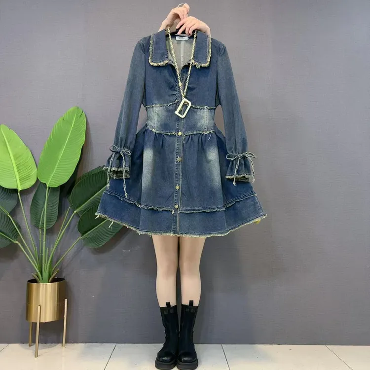 欧货做旧毛边翻领牛仔女裙休闲裙胖mm显瘦宽松大码早春款连衣裙