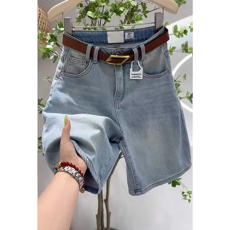 蓝色牛仔短裤女夏季薄款弹力显瘦梨形身材大码高腰直筒五分中裤
